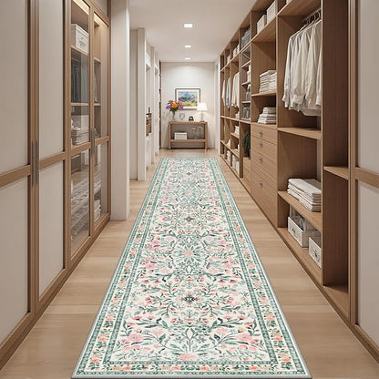 PLHXFR 2.6x14 Washable Runner Rug：Floral Indoor Kitchen Carpet Green Beige | - Image 5