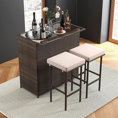 Tangkula 3 Piece Patio Bar Set, Outdoor Rattan Bar Table and 2 Stools - Image 9