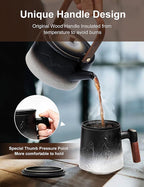 suyika Ceramic Tea Cup with Infuser and Lid, Gradient Embossed Large Tea Mug Wooden Handle for Steeping Loose Leaf, Tea Lover Gifts 15.2 oz / 450 ml,Matte Black