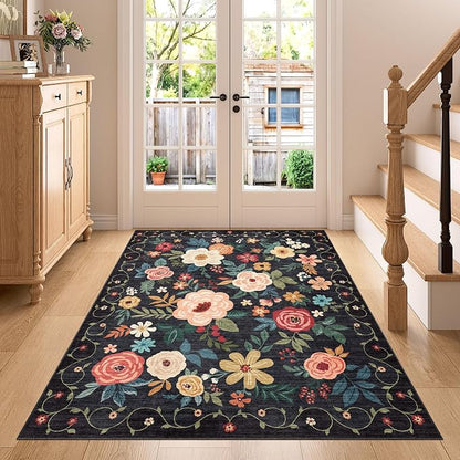 DUKINO 4x5 Area Rug for Entryway, Soft Floral Washable Rug Non Slip, by DUKINO