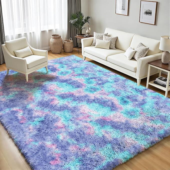 PLHXFR 5x7 Area Rugs Living Room: Fluffy Bedroom Soft Shag Rug Kid Rainbow | - Image 3