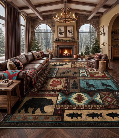 Rustic Cabin Rugs for Living Room 10x14, Wildlife Bear & Deer Area Rug by YIHOUSE