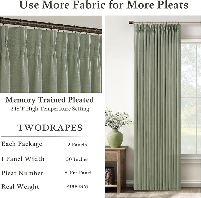 Green Linen Blend 72 Inch Light Filtering Pleat Boho Curtains 50 Inch Wide | - Image 4
