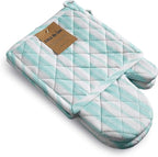 1 Oven Mitt, 1 PotHolder & 1 Kitchen Apron Set - Durable Heat Resistant Gloves - Thick Mittens for Kitchen - Suitable for Cooking, Baking, Grilling – Men & Women – Light Blue Stripes