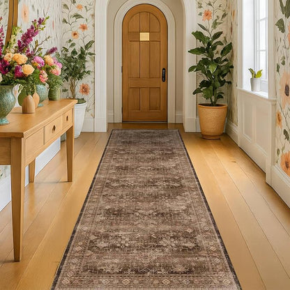 Brown Washable Long Runners for Hallways, Entryway Indoor Rug, Non Slip Rubber by HazoHaus