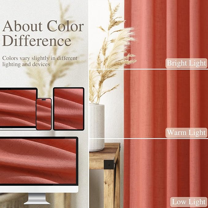 Coral Linen Curtains 108 Inches Long 2 Panels Set Back Tab Loop Pocket Light - Image 3