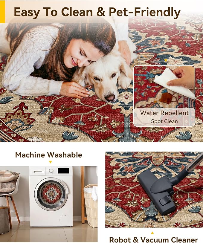 RELEANY Washable Area Rug, Round 8ft, Water Repellent, Pet Friendly, Vintage - Image 5