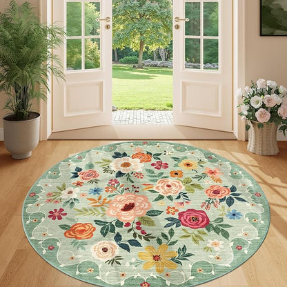 DUKINO 5ft Round Rug, Non Slip Floral Washable Small Circle Rug, Low Pile - Image 4