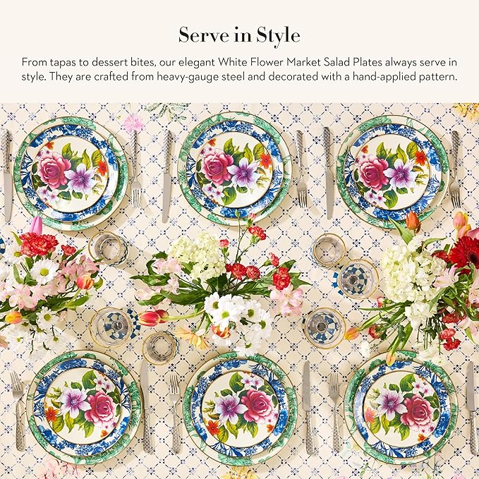 MACKENZIE-CHILDS Enamel Salad and Dessert Plate, Small Plate for a Dessert or Appetizer Dish, 8 Inches, Set of 4, White Flower Market