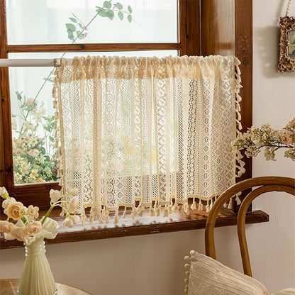 Sutuo Home Beige Boho Lace Short Kitchen Curtains 36 inches Long - Image 6