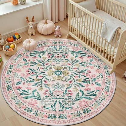 PLHXFR Round Area Rug Living Room: 6 ft Floral Washable Carpet Pink Green | - Image 5
