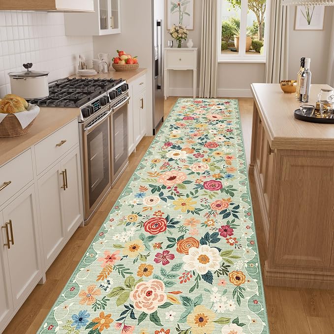 DUKINO 2.6x14 Washable Runner Rug, Floral Non Slip Long Runner Rug, Low Pile - Image 6