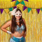 BRAVESHINE Gold Tinsel Foil Fringe Curtains - 2Pcs 3.2x8.2ft Holidays Photo Backdrop for Men 60th Birthdays/Bridal Wedding/Engagement/Anniversary/Hawaiian/Luau/Christmas/New Years Party Decorations