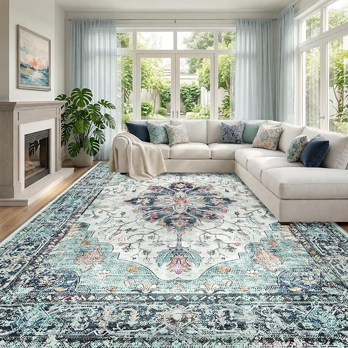 RELEANY Washable Area Rug, Large 10'x12', Teal Green/White/Navy | Non-Slip by RELEANY