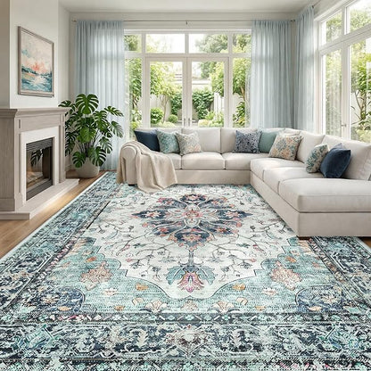 RELEANY Washable Area Rug, Large 10'x14', Teal Green/White/Navy | Non-Slip by RELEANY