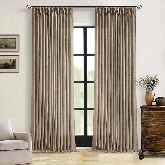 Light Brown Linen Pleat Farmhouse Light Filtering Curtains 92 Inches Long | by Twodrapes