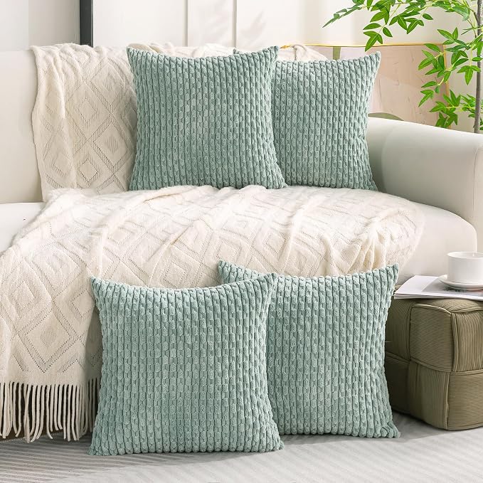 Set of 4 Aqua Decorative Throw Pillow Covers 24x24 Inch Corduroy Pillow Covers - Image 9