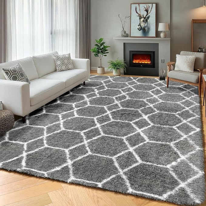 Area Rugs for Bedroom Living Room, 4x6 Fluffy Grey and White Geometric Rug | - Image 2