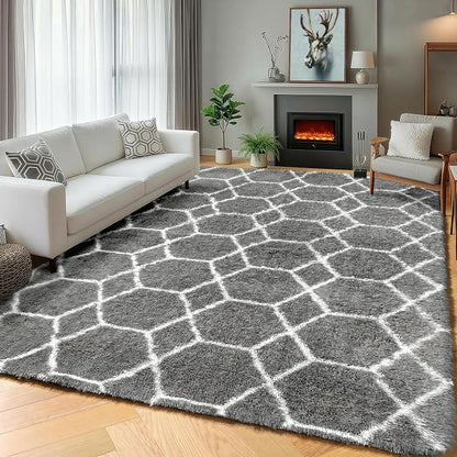 7x9 Area Rugs for Living Room Bedroom, Fluffy Grey and White Geometric Rug | - Image 7