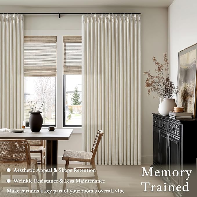 Pinch Pleat 132 Inch Beige Linen Semi Sheer Memory Shaped Boho Curtains 50W | - Image 2