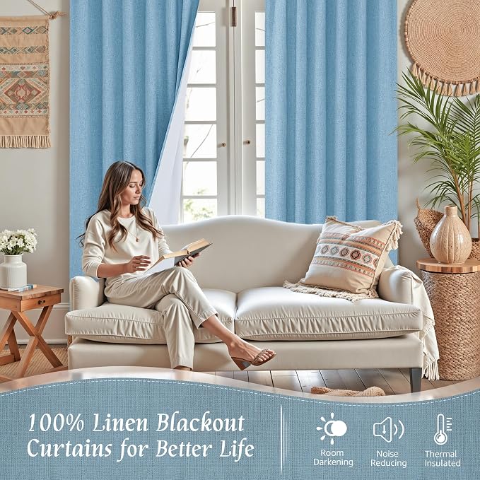 Full Blackout Linen Bedroom Curtains 54 Inch 2 Panels, Privacy Protected - Image 2