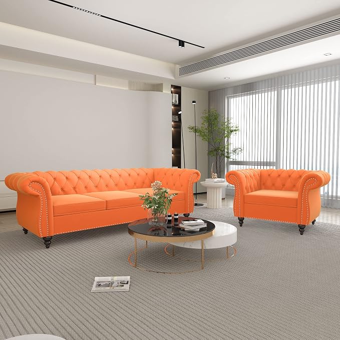 ORRD 2 Piece Living Room Set, Velvet Chesterfield Sofa Couch Chair by ORRD