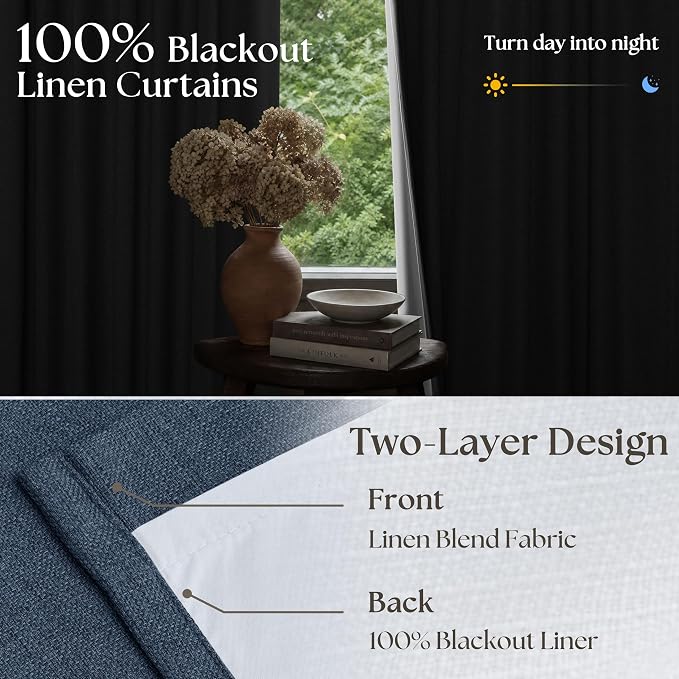 Navy Pinch Pleated Blackout Linen 102 Inch Dual Layer Curtains 2 Panels Set | - Image 4