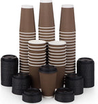 Promora Brown Disposable Coffee Cups With Lids 16 oz, Premium Insulated Paper Ripple Cups for Hot Coffee (80 Pack)