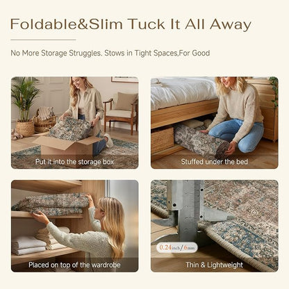 8x10 Blue Brown Retro Floral Washable Area Rug - Image 6