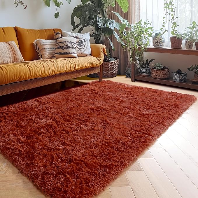 Amdrebio Terracotta Furry Small Area Rug 3x5 - Image 5