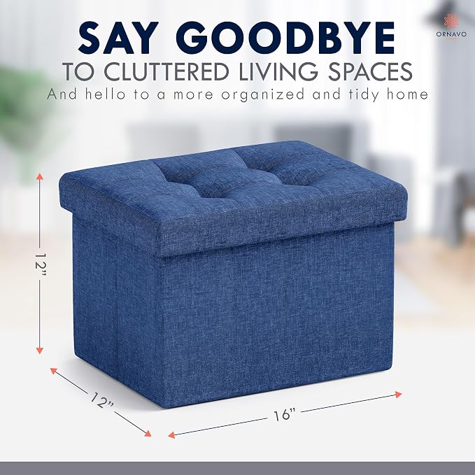 Ornavo Home Small Storage Ottoman, Foldable Collapsible Rectangle Linen Ottoman - Image 2