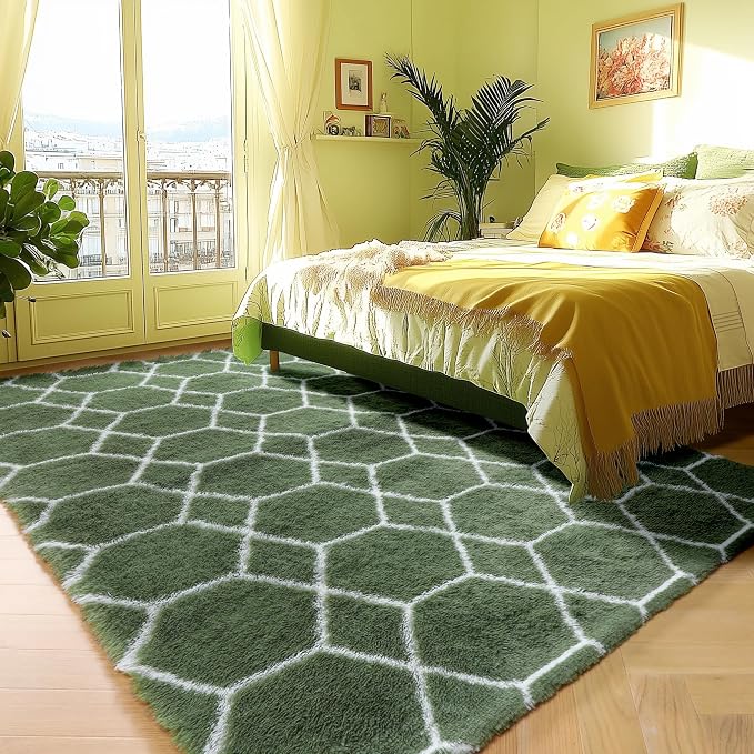 5x7 Area Rugs for Living Room Bedroom, Fluffy Olive Green and White Rug | - Image 5