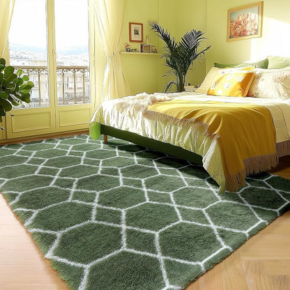 5x7 Area Rugs for Living Room Bedroom, Fluffy Olive Green and White Rug | - Image 5