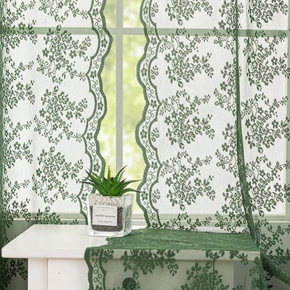 YJ YANJUN Vintage Lace Curtains 63 Inch Length-Victorian Floral Dark Olive - Image 4