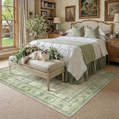 6x9 Light Green Vintage Floral Washable Area Rug - Image 2