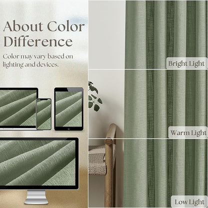 Pinch Pleated Sage Green Thick Linen Curtains 96 Inch Length 2 Panels Set | - Image 4