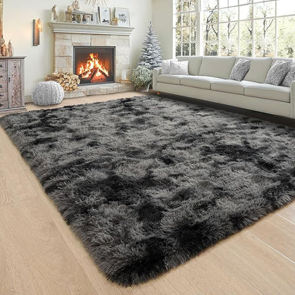 4x6 Tie-Dyed Dark Grey Fluffy Area Rug Non-Slip - Image 8