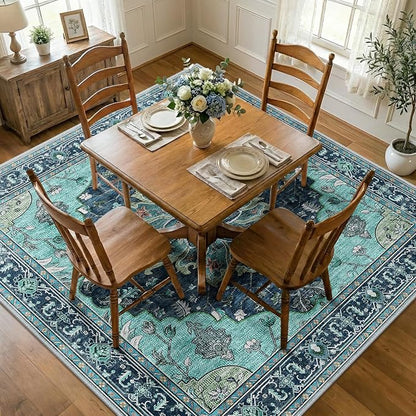 RELEANY Washable Area Rug, Square 7'x7', Teal | Non-Slip, Water Repellent by RELEANY