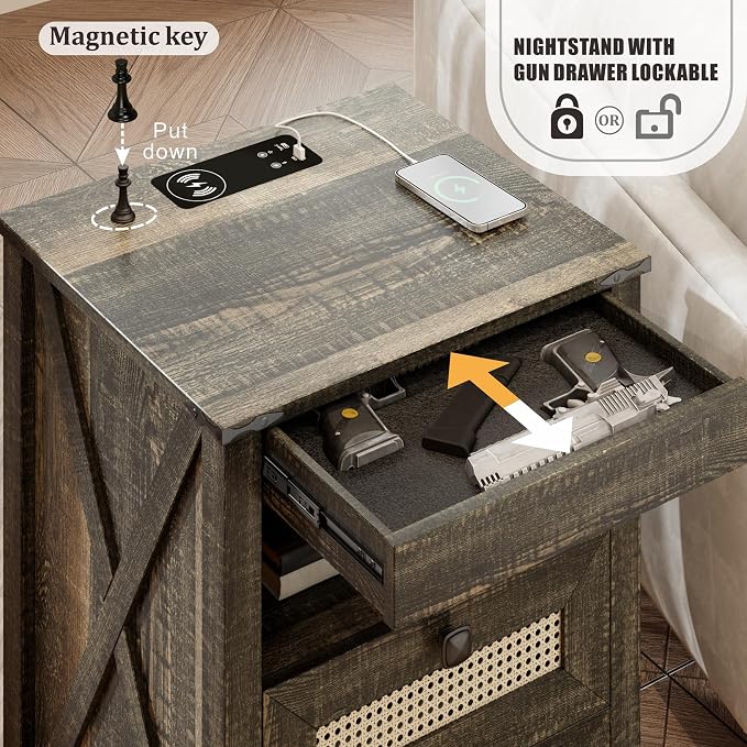 FREDEES Rustic Nightstand with Gun Drawer, End Table with Charging Station - Image 3