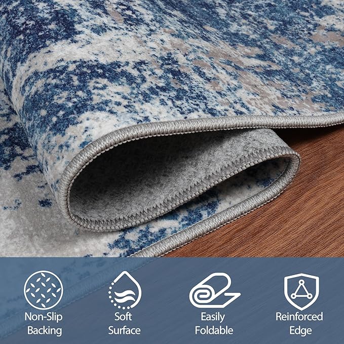 10x14 Area Rugs for Living Room Washable Dining Room Blue Grey White | Modern - Image 3