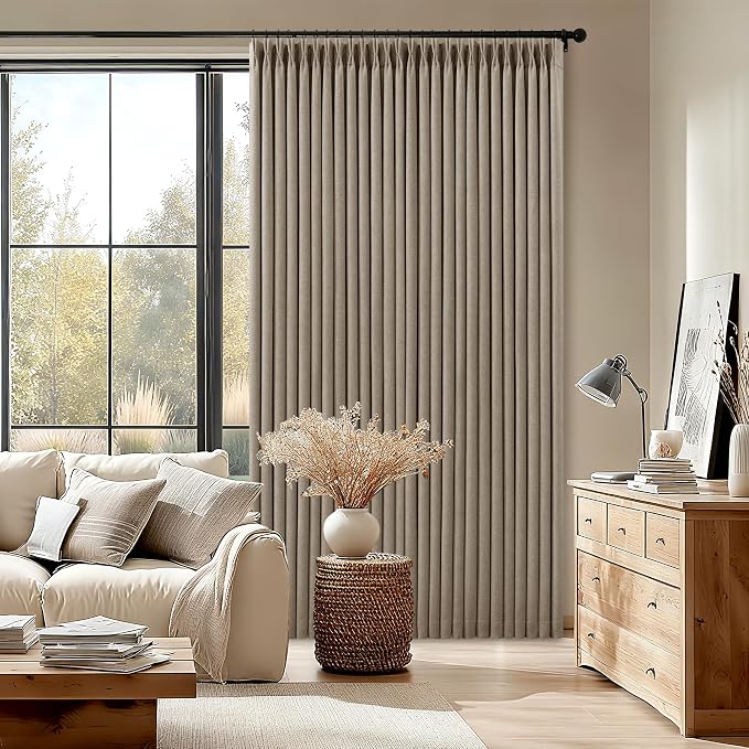 Deep Flax Linen Pinch Pleated 100% Blackout 92 Inch Curtains 2 Panels | Greige - Image 9