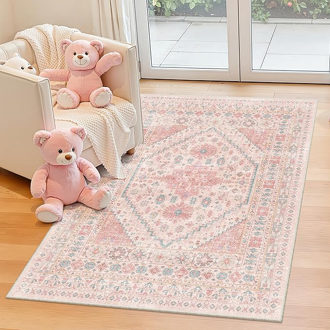 Pink Rugs for Bedroom-3x5 Rug for Entryway, Girls Room | Small Washable Rug for by Zesthome