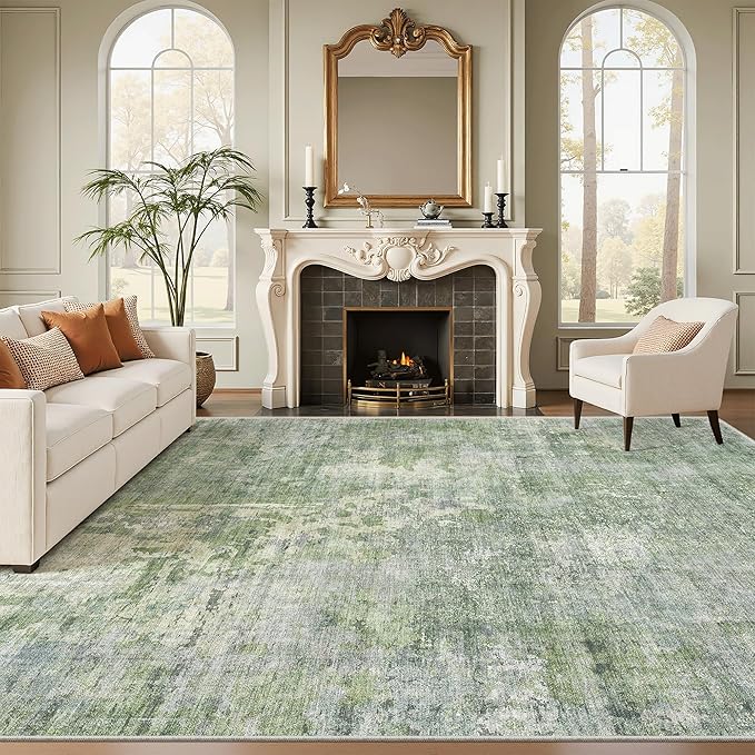 Soalmost 10x12 Area Rugs for Living Room Washable Rug Abstract Green/Ivory | by Soalmost