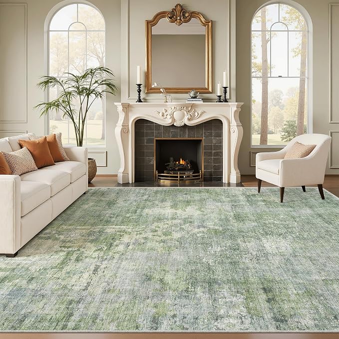 Soalmost Abstract Rug 8x10 Large Living Room Area Rugs Washable Green/Ivory | - Image 2