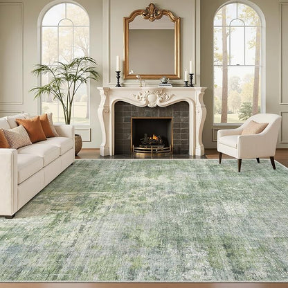 Soalmost Abstract Rug 8x10 Large Living Room Area Rugs Washable Green/Ivory | - Image 2