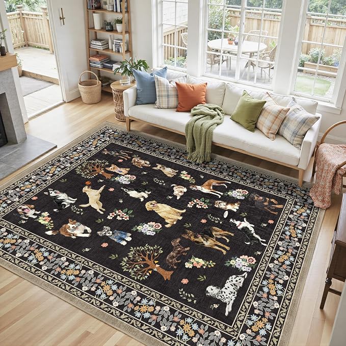 Black Floral Area Rug 8x10 for Living Room Bedroom | Large Soft Dog Rugs for - Image 2