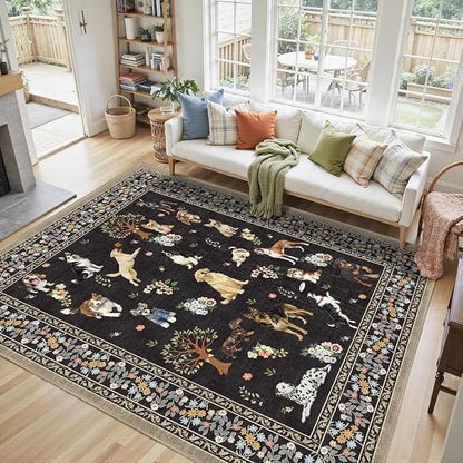 Black Floral Area Rug 9x12 for Living Room Bedroom | Low Pile; Non Slip;Machine - Image 2