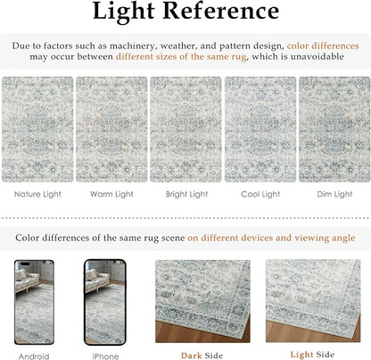 8x10 Light Blue Retro Floral Washable Area Rug - Image 7