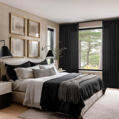 Black Linen Pleated Memory Shaped Semi Sheer Privacy Curtains 102 Inch Long | - Image 7