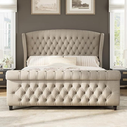 AMERLIFE King Size Platform Bed Frame, Linen Upholstered Sleigh Bed - Image 3